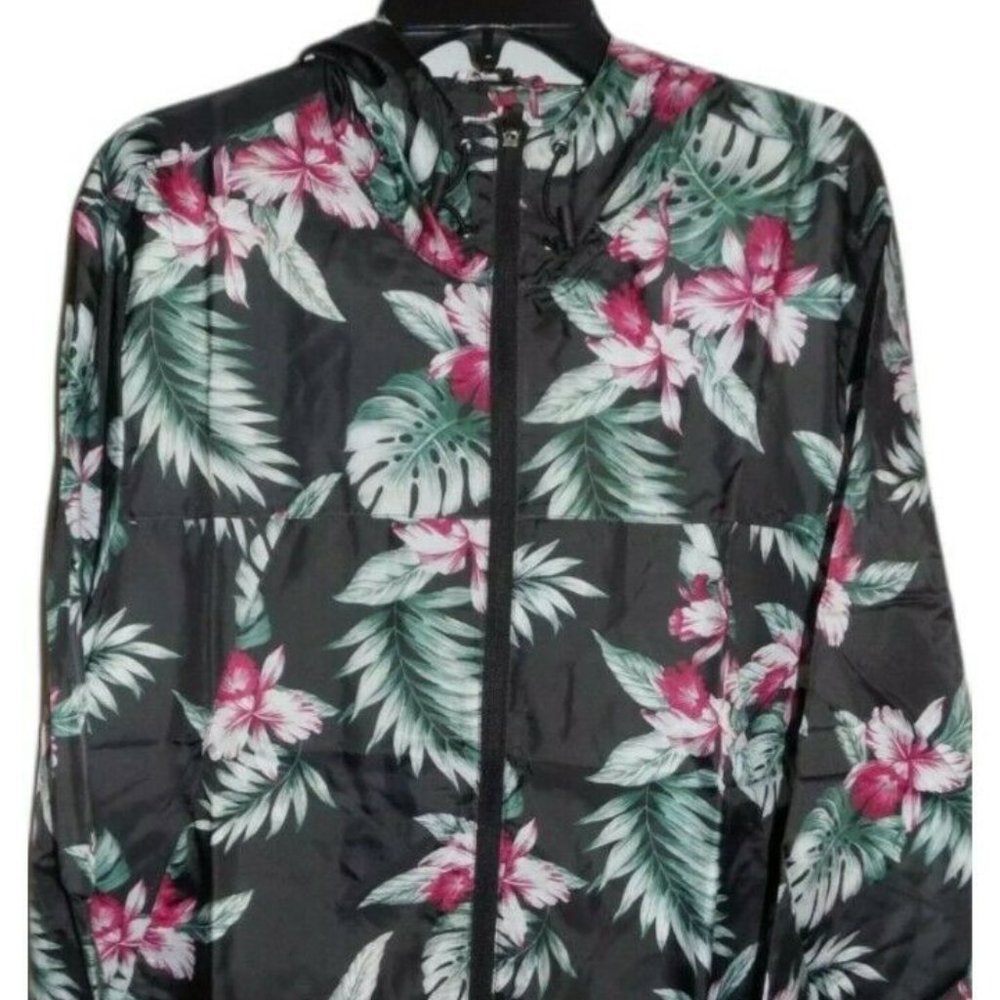Kingdom Sunrise Hooded Windbreaker Jacket Black Floral Mens Size L